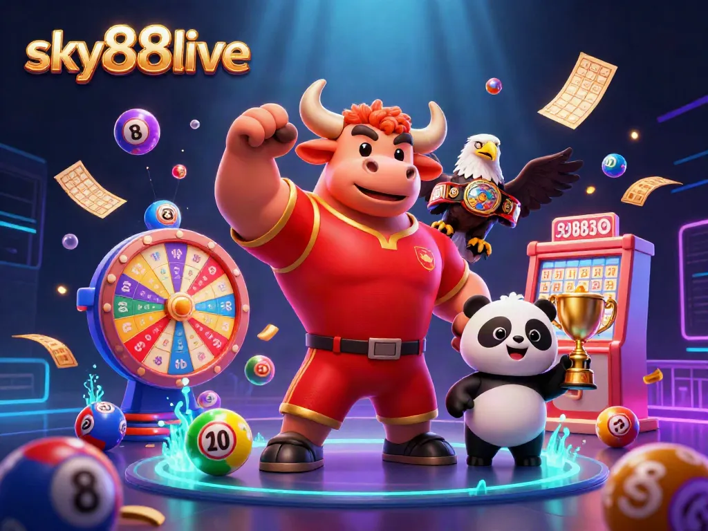 Experience the thrill of play with sky88live, featuring a victorious bull, eagle, and panda amidst dynamic lottery and gaming elements.