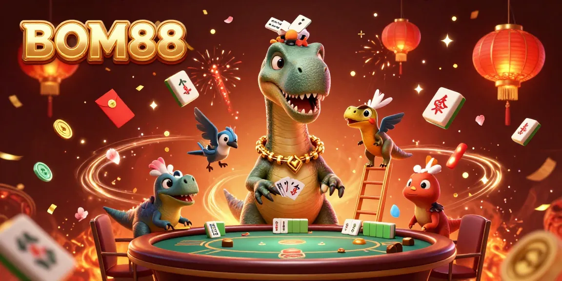BOM88 showcases a lively 3D casino scene with charming characters and celebratory elements.