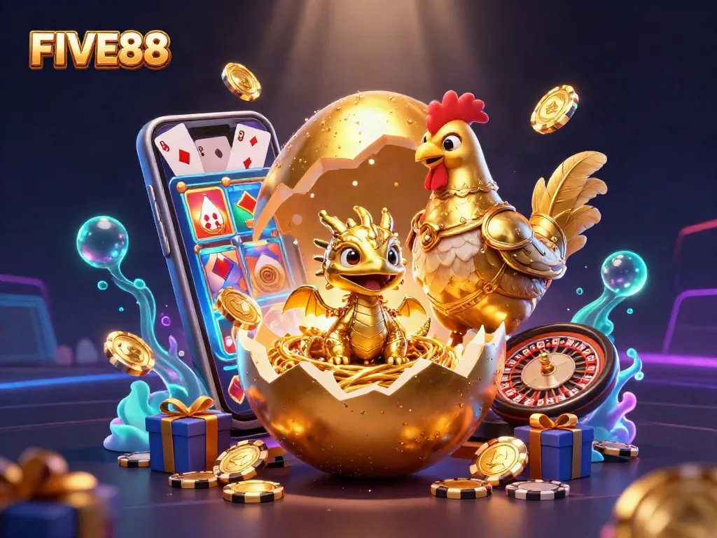 Engage in thrilling gameplay with FIVE88's captivating golden dragon and poker chip scene.