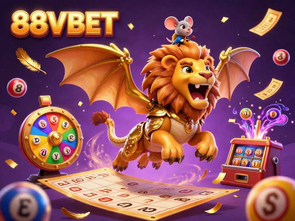 Join the excitement with 88VBET, featuring vibrant lottery elements and a triumphant chimera.