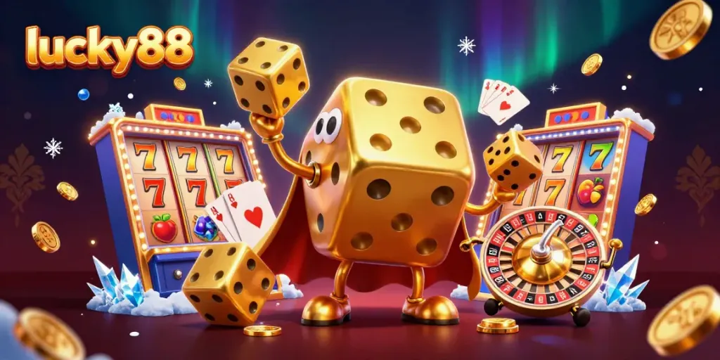 Engaging lucky88 scene showing a animated dice golem and jackpot reels, capturing casino excitement.