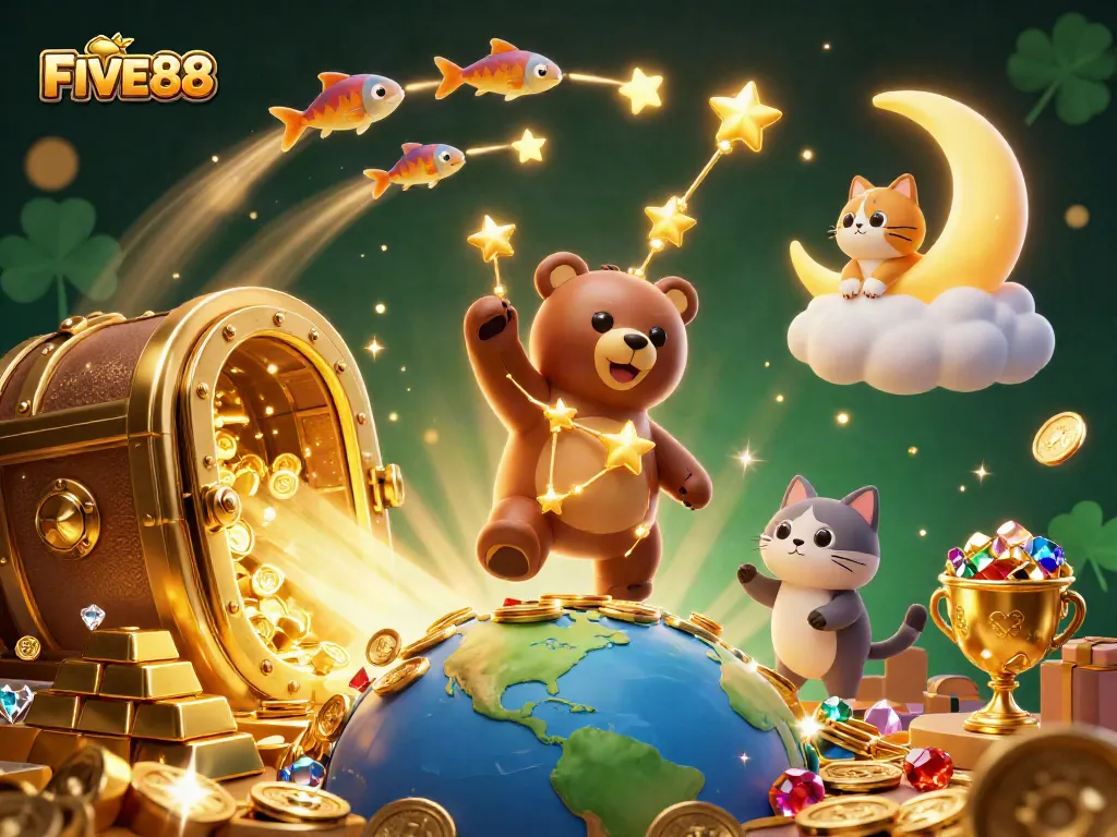 Experience the thrill of FIVE88 with a colorful 3D casino scene full of treasures and whimsical characters.