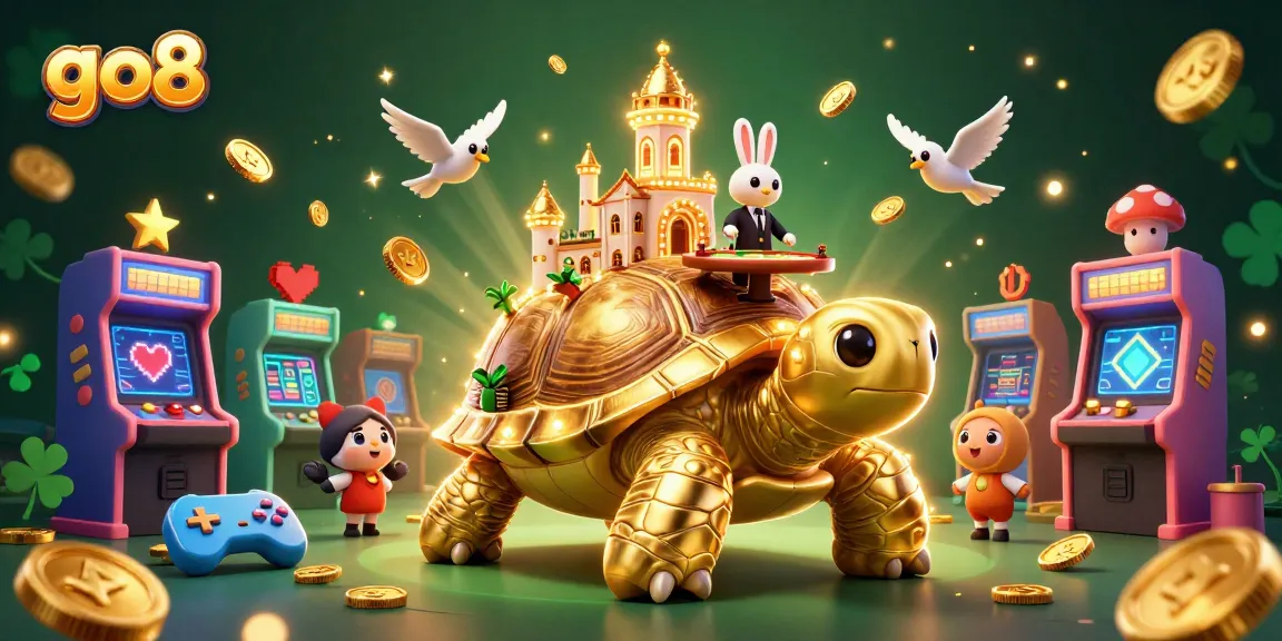 Engage with go8's exciting casino world, featuring a golden tortoise with a casino palace, dynamic game elements.