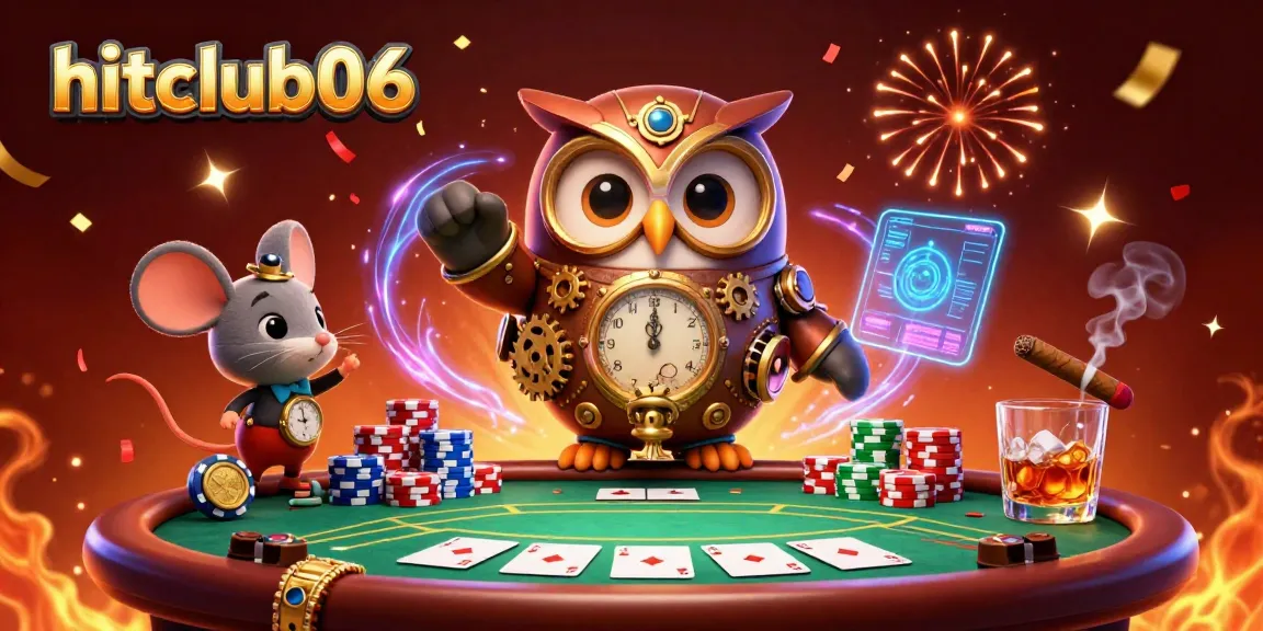 Engage with hitclub06 in this vibrant casino scene featuring classic poker elements, steampunk characters, and festive celebrations.