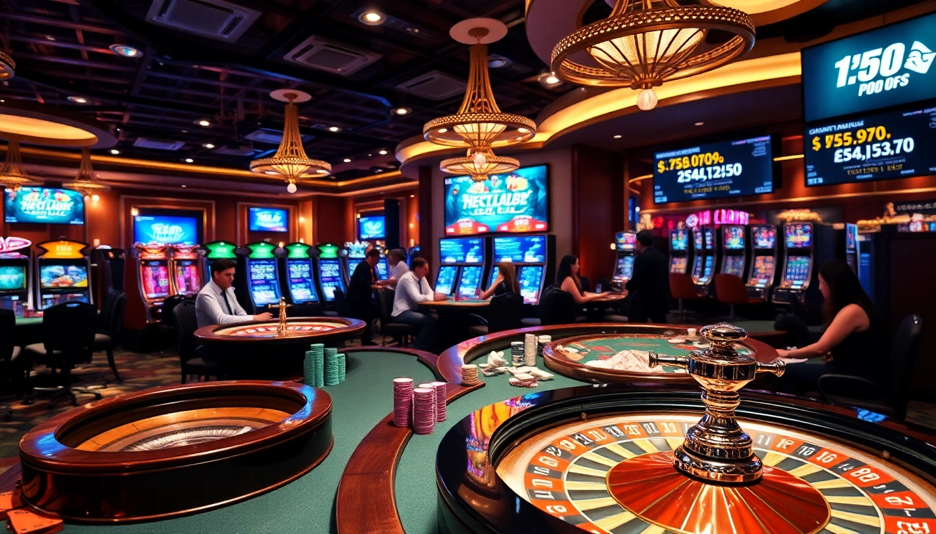 Players enjoying the excitement of Hitclub's vibrant casino atmosphere with poker tables and roulette wheels.