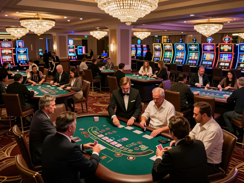Engaging players at Trang chủ vb88 enjoying a lively game of blackjack in an upscale casino atmosphere