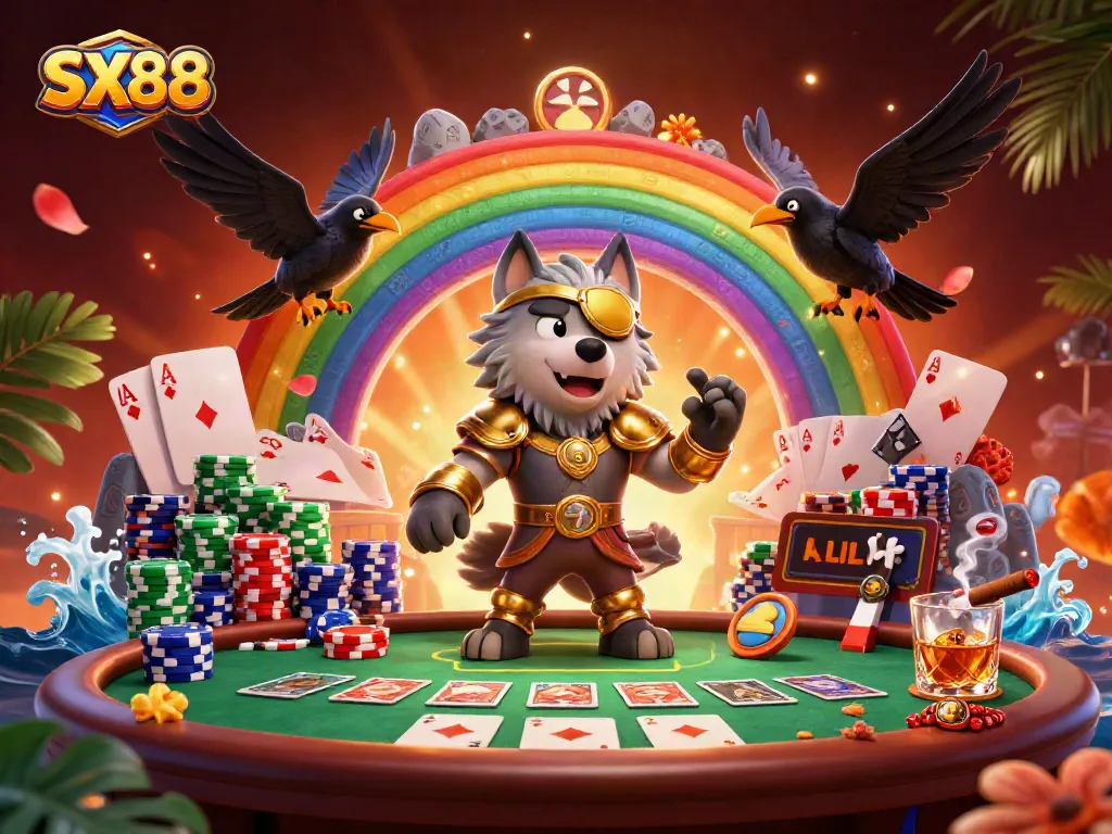 SX88 engages players in a vibrant casino setting, showcasing poker elements and dynamic characters.