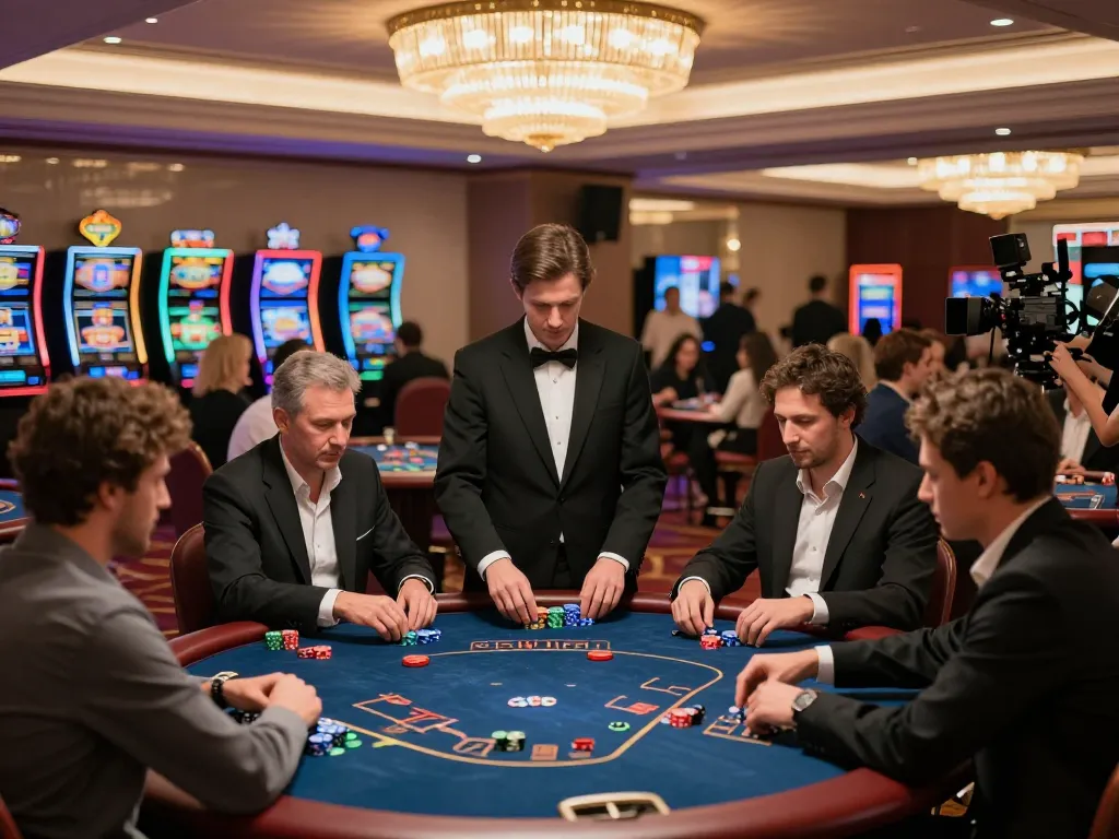Players enjoying poker at an upscale casino floor on https://mm88vin.com/, engaging in thrilling bets and gameplay.