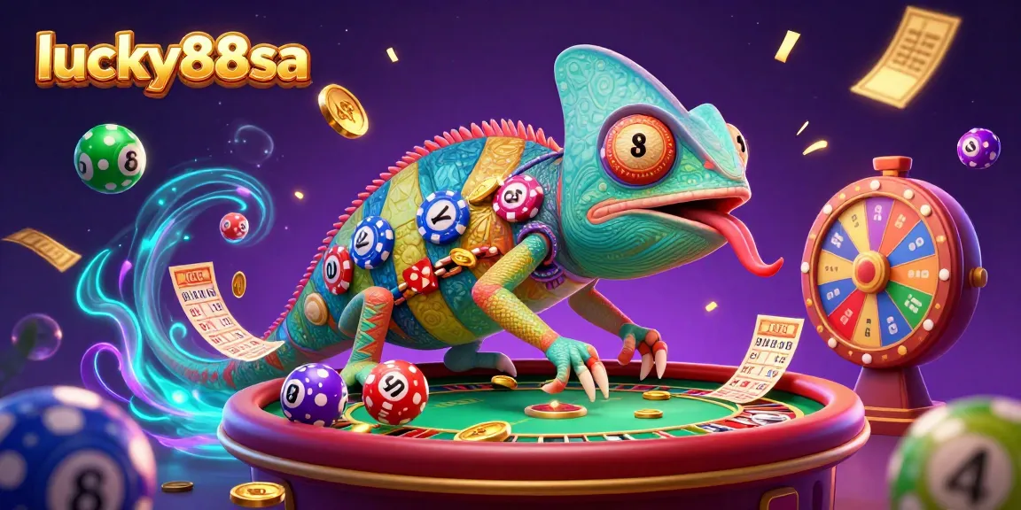 Engage in vibrant gameplay with lucky88sa’s chameleon character amidst colorful lottery elements.
