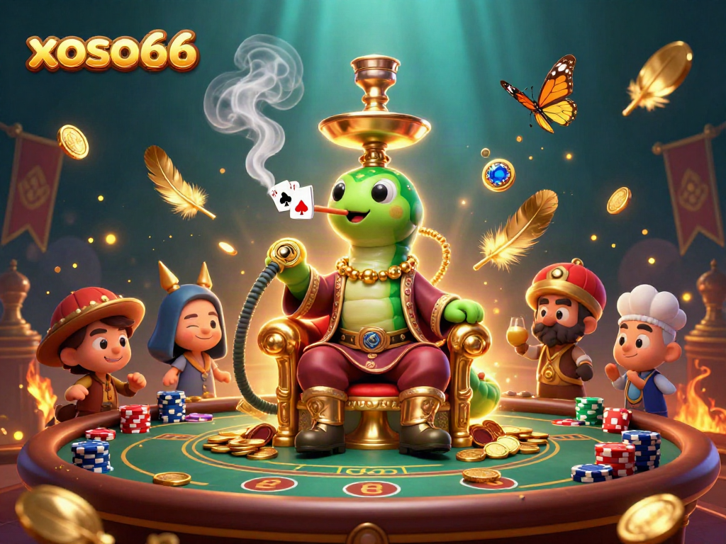 Experience xoso66 immersive poker adventures with our vibrant 3D casino scene featuring a unique hookah-master character.
