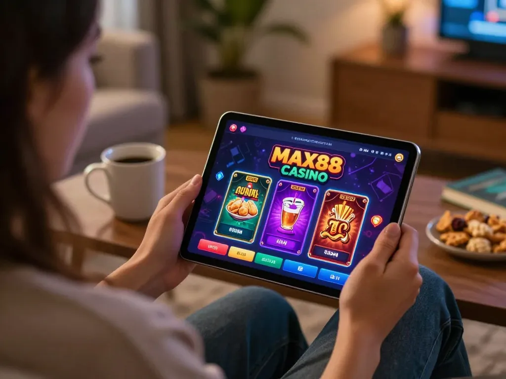 Engaging player enjoying the MAX88 CASINO tablet interface in a cozy setting with warm lighting