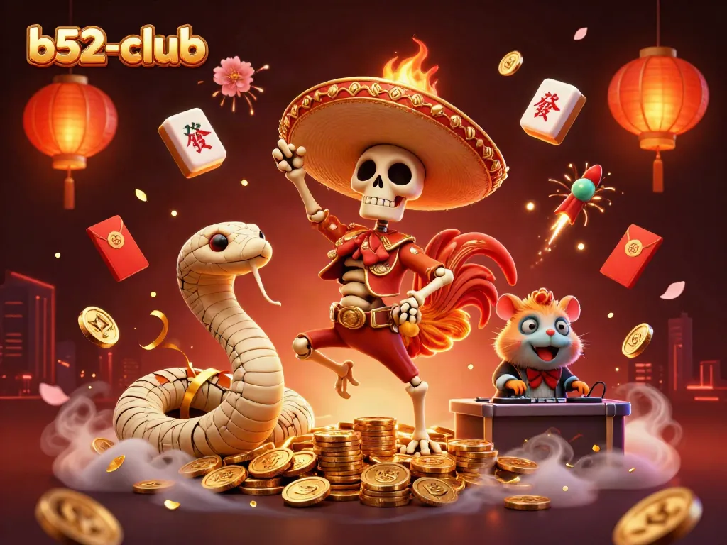 Experience the excitement of b52-club with a vibrant illustration of playful characters celebrating with gold and gaming icons.