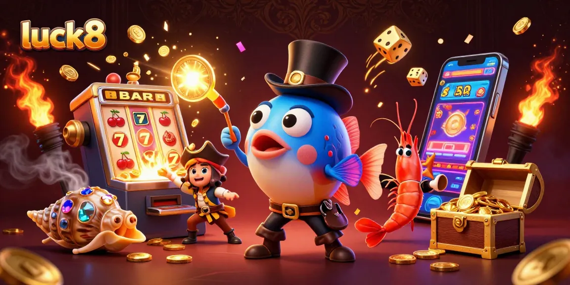 Win big with luck8 in this vibrant casino scene featuring slot machines, treasures, and unique characters.