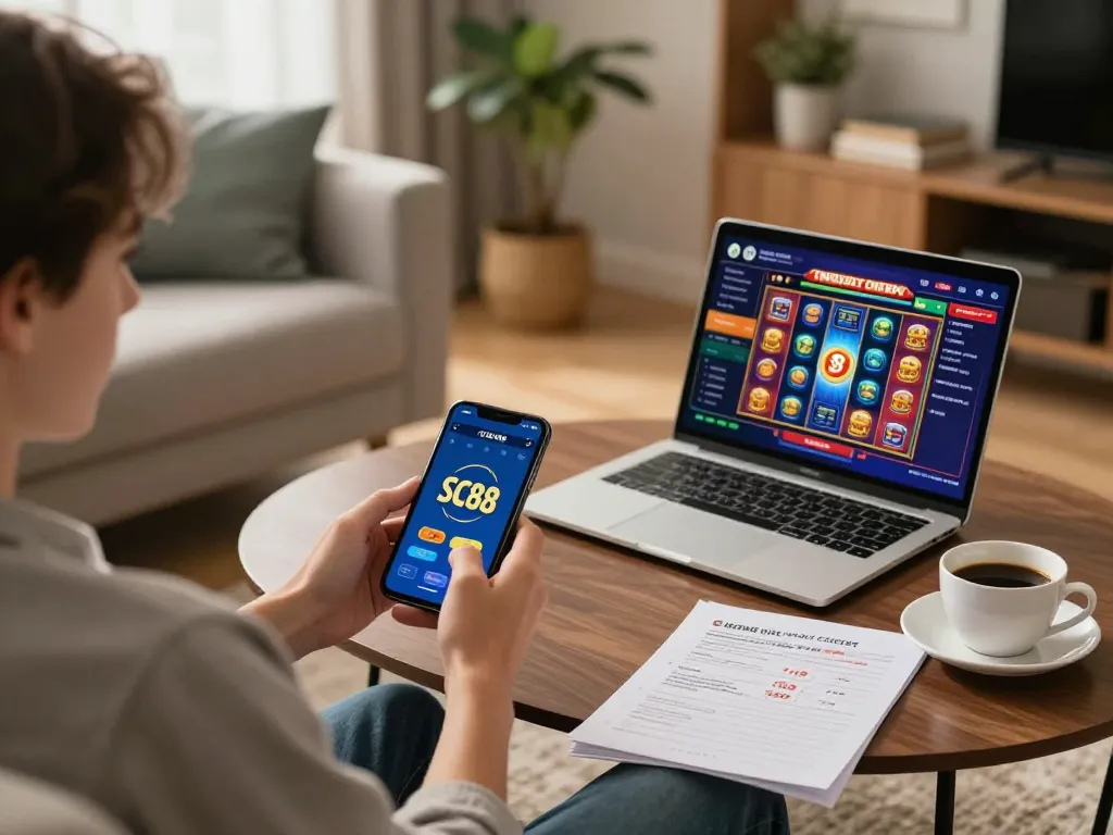 Engaging in online gaming with SC88 app on mobile, showcasing a cozy home gaming setup.