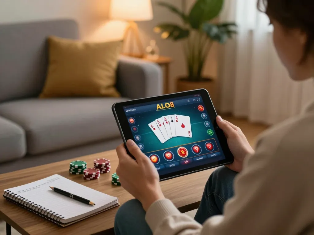 ALO8 gaming experience on tablet with cozy home setting highlighting responsible entertainment.