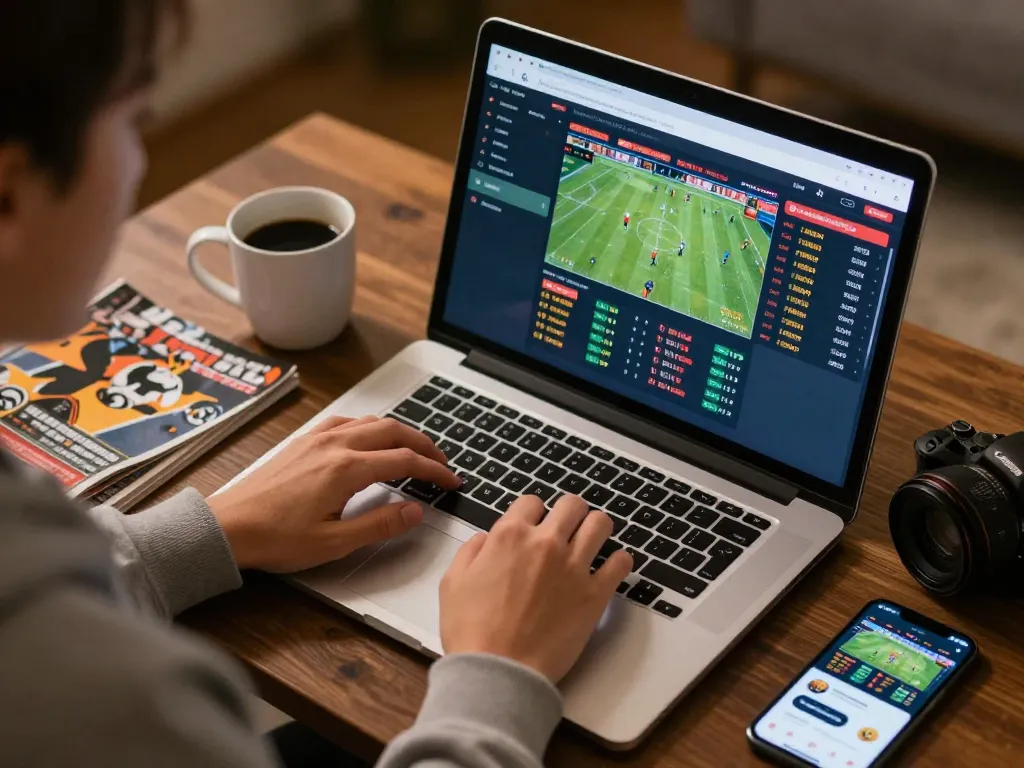 A thrilling sports betting session at alo8 center with a laptop displaying live odds.