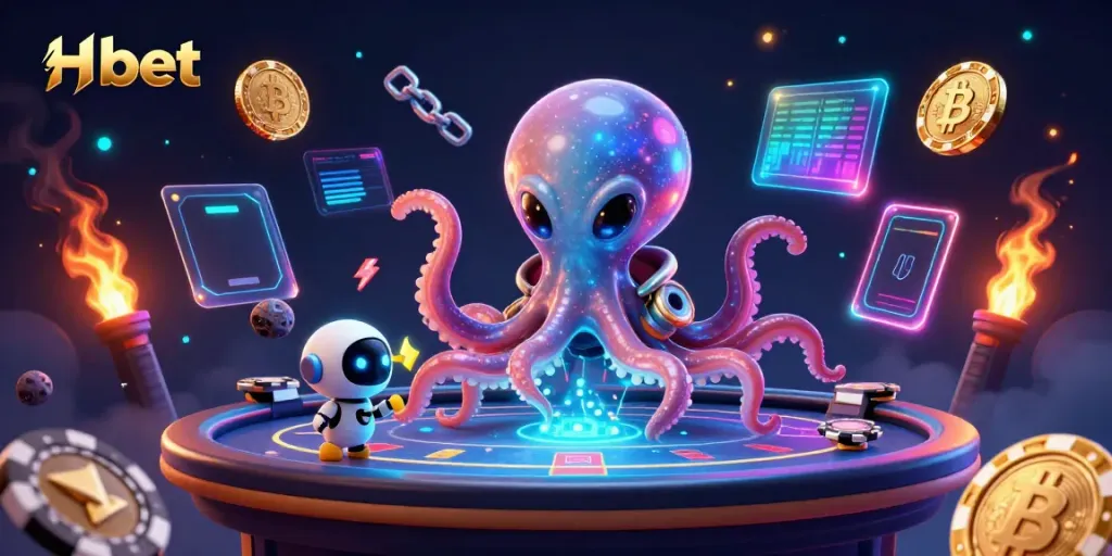 Play poker in space with Hbet's vibrant scene featuring an alien octopus and robot companions.