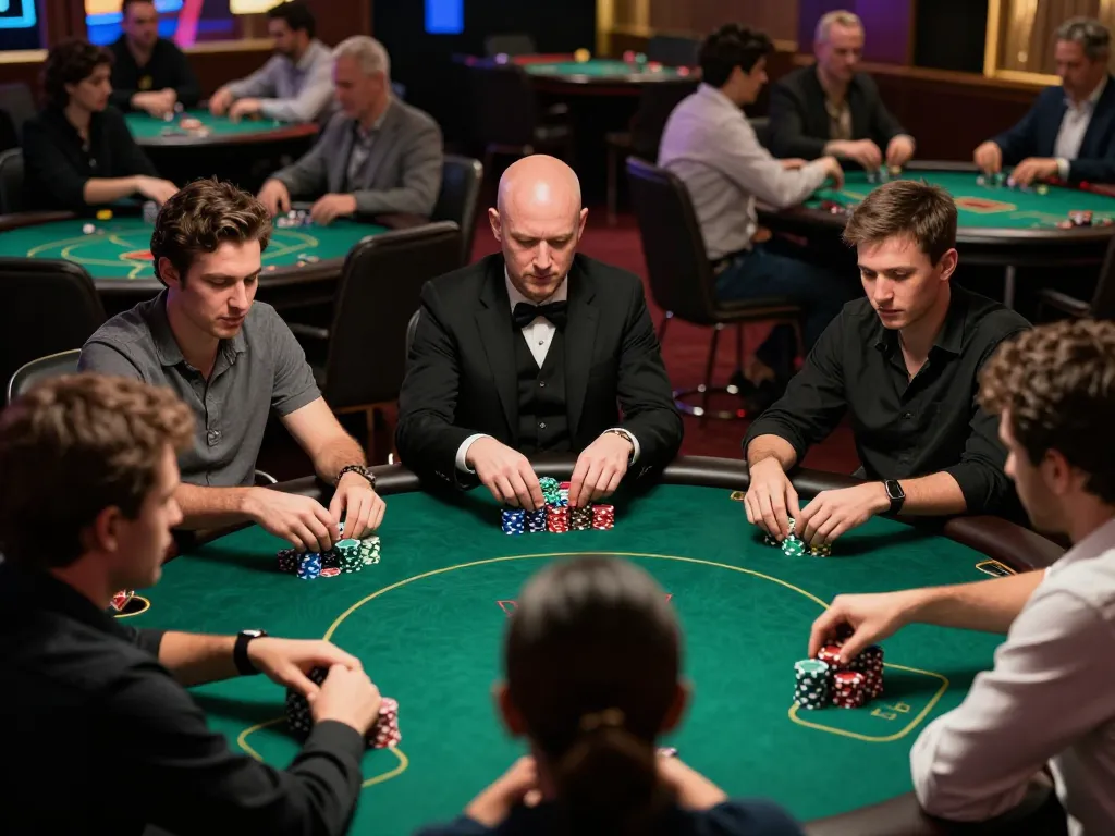 Players enjoying a thrilling poker game at tx88 casino, chips in play, dynamic dealer atmosphere.
