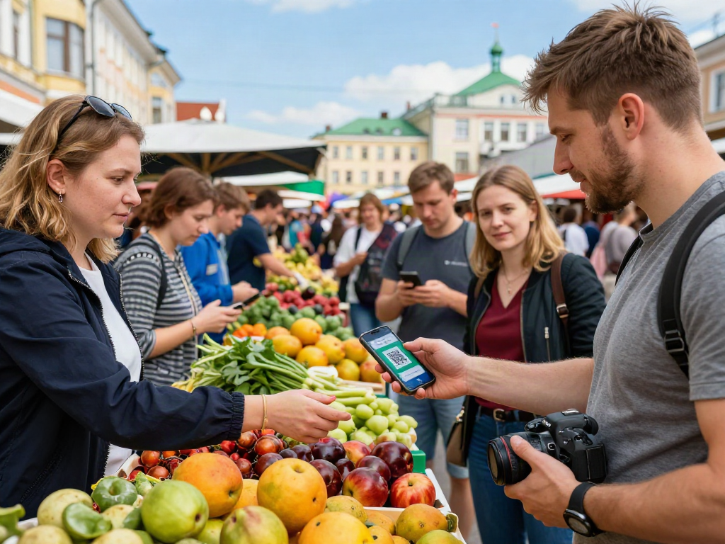 Een internationale toerist gebruikt https://payinrussia.com/ om eenvoudig te betalen op een drukke Russische markt vol kleurrijke producten.