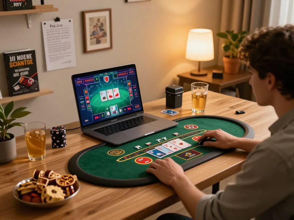 Engaging in online gaming at 8kbet com with live dealer setup in cozy home office.