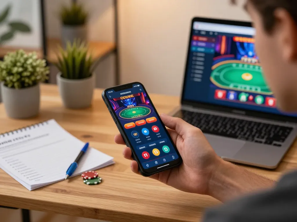 Player enjoying mobile casino games with vin88sa app, engaging in responsible gambling at home.