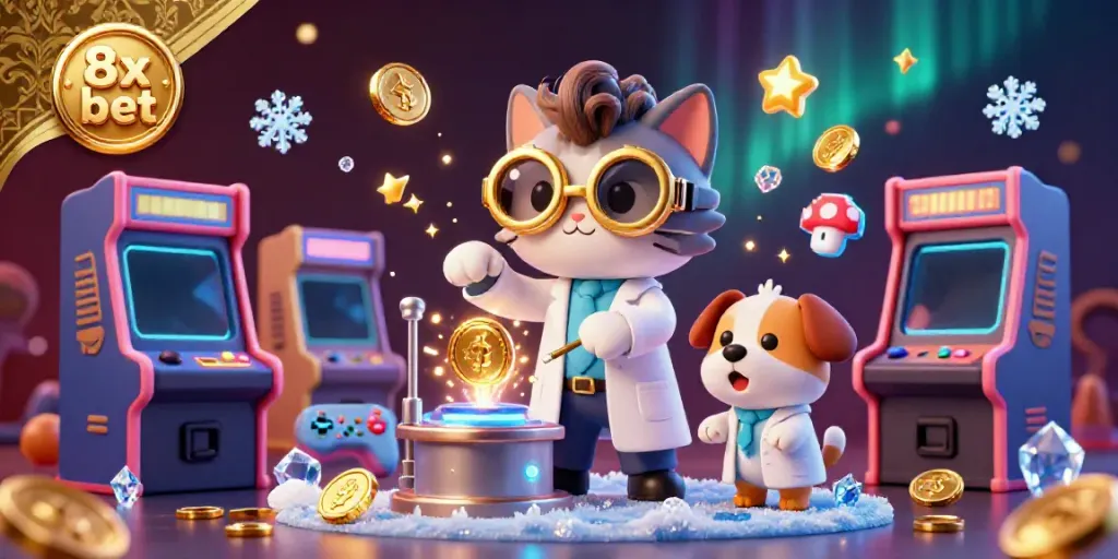Engage with exciting gameplay at 8x bet featuring a mad scientist cat and assistant creating gold coins.