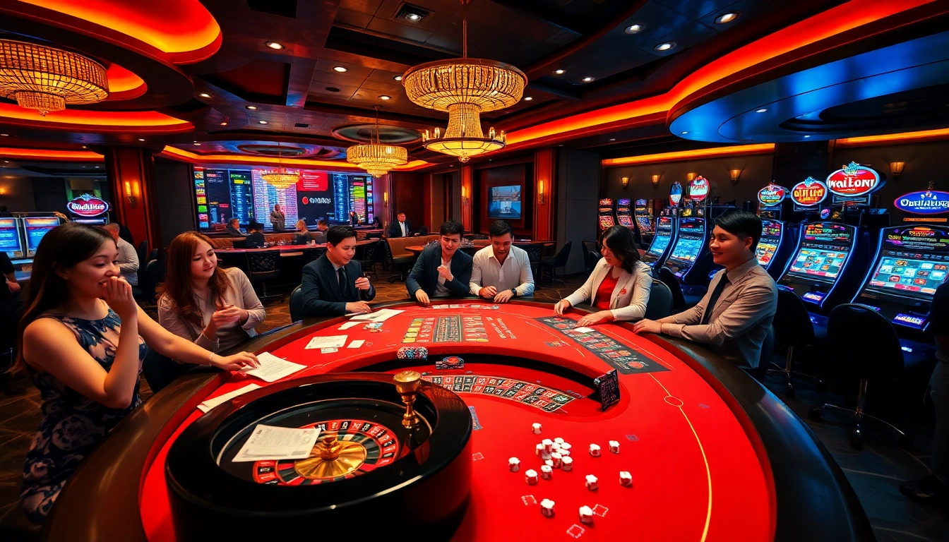 Engaging casino gameplay at KM88 with vibrant tables, chips, and players enjoying their experience.