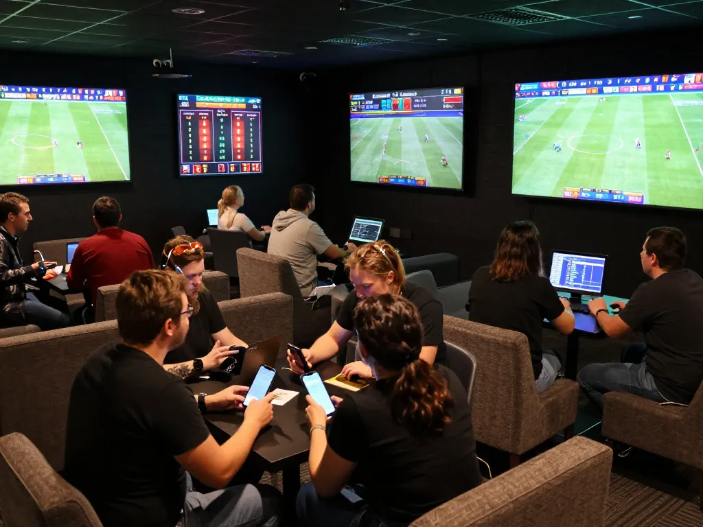 Fans engaging with keonhacai5 during a thrilling sports betting event, showcasing lively atmosphere