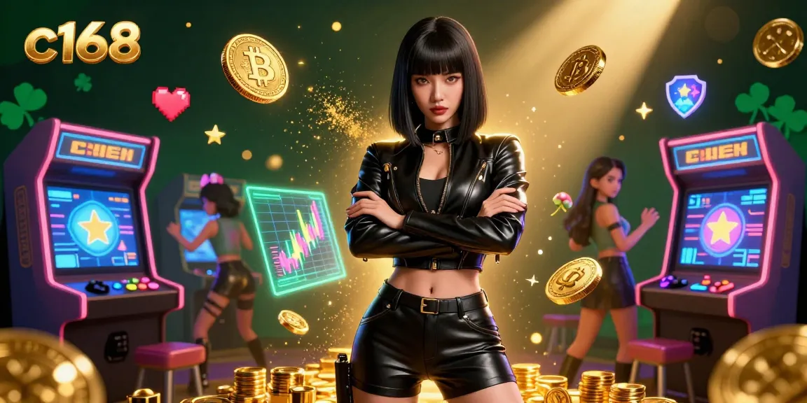 Engage in thrilling gaming with c168, featuring a powerful Asian woman surrounded by neon crypto and gaming elements.
