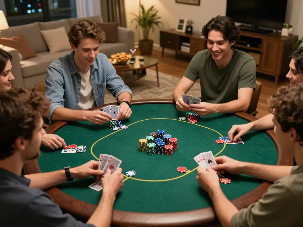 Players engaging in a friendly poker game at home, showcasing a vibrant debet experience with chips and cards.