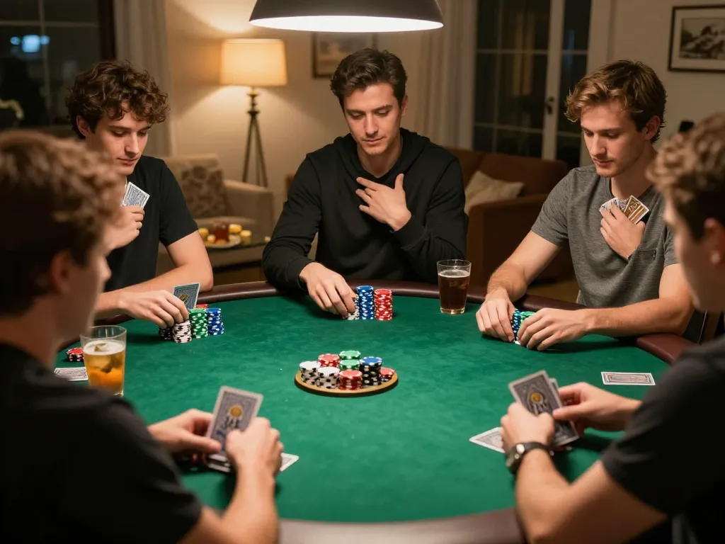 Engaged players at home poker night discussing strategies on trang chủ 11BET while enjoying friendly competition.