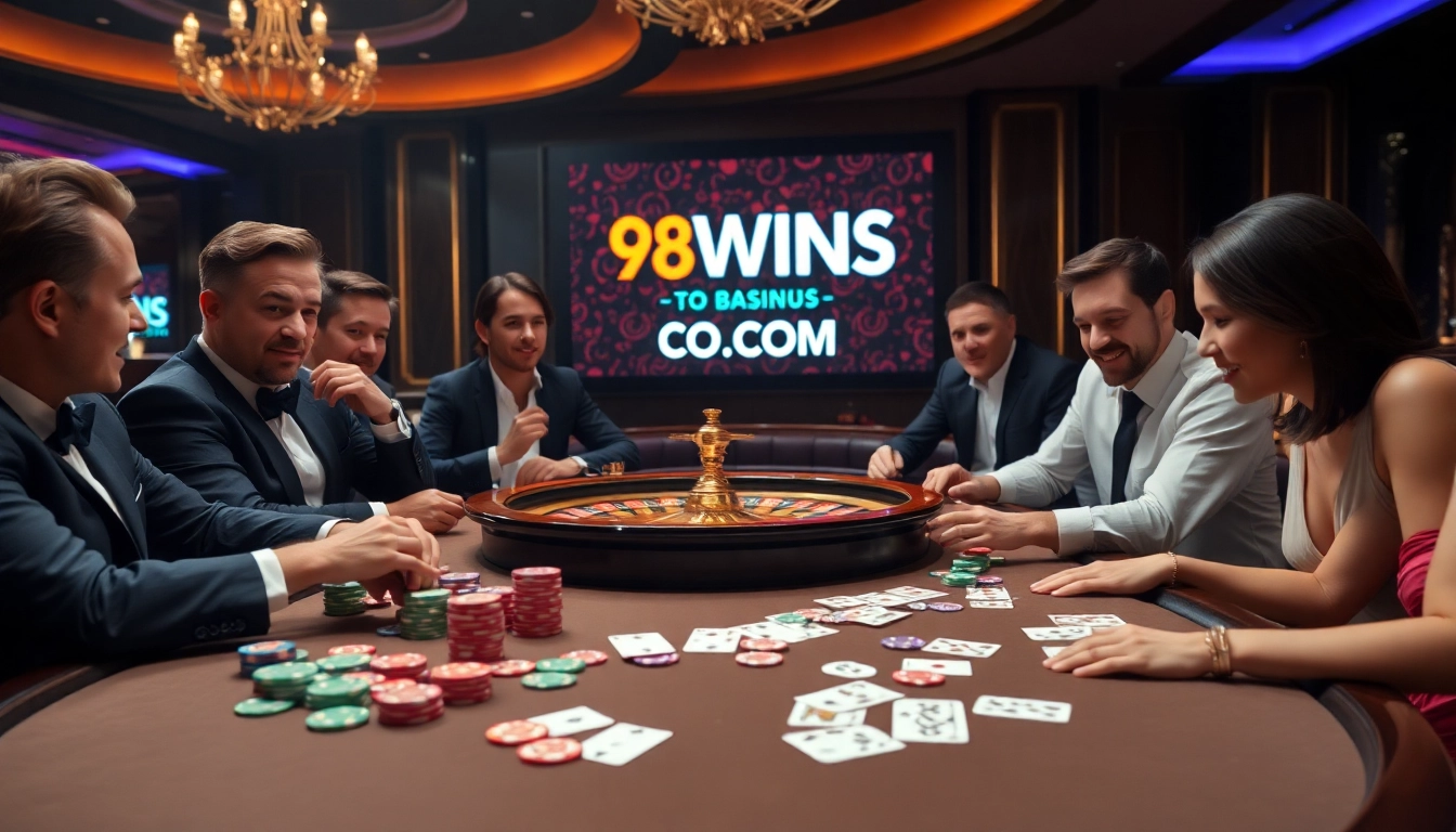 A vibrant casino scene with a poker table, showcasing the excitement of gambling at 98WINS CO COM.
