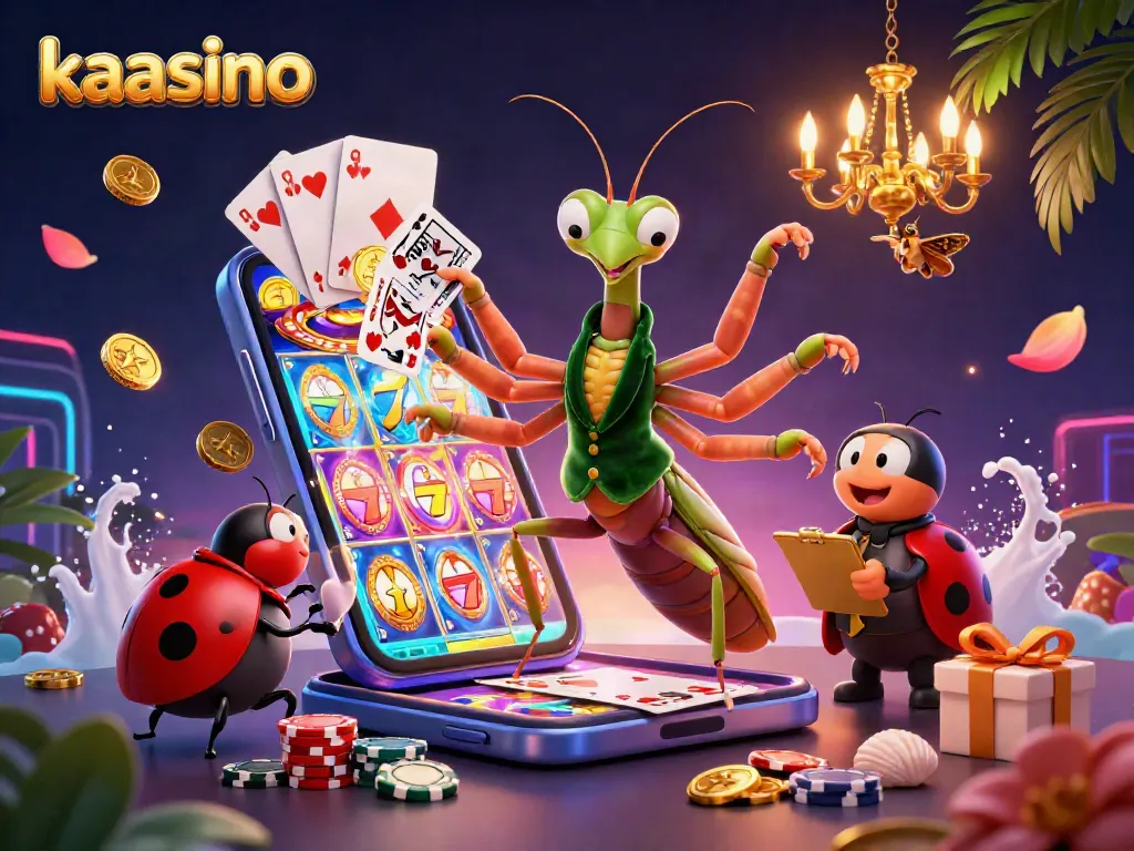 Kaasino players enjoying a vibrant casino scene with a cartoon mantis dealer, slots, and gold coins.