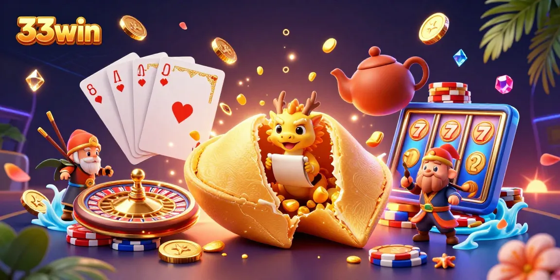 Experience winning at 33win with an ultra-detailed 3D casino illustration showcasing vibrant gaming elements.