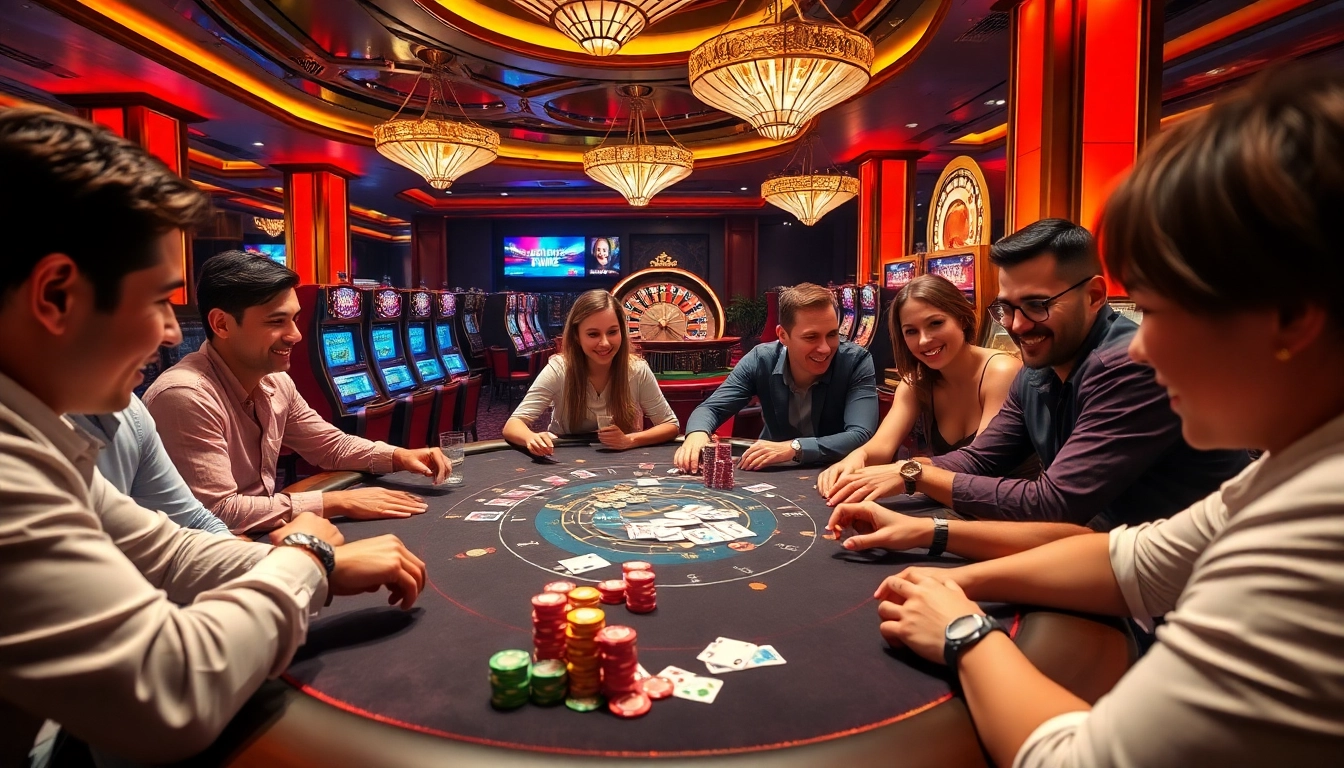 Engaged players enjoying a thrilling 3win game at a luxurious casino setting with vibrant lights.