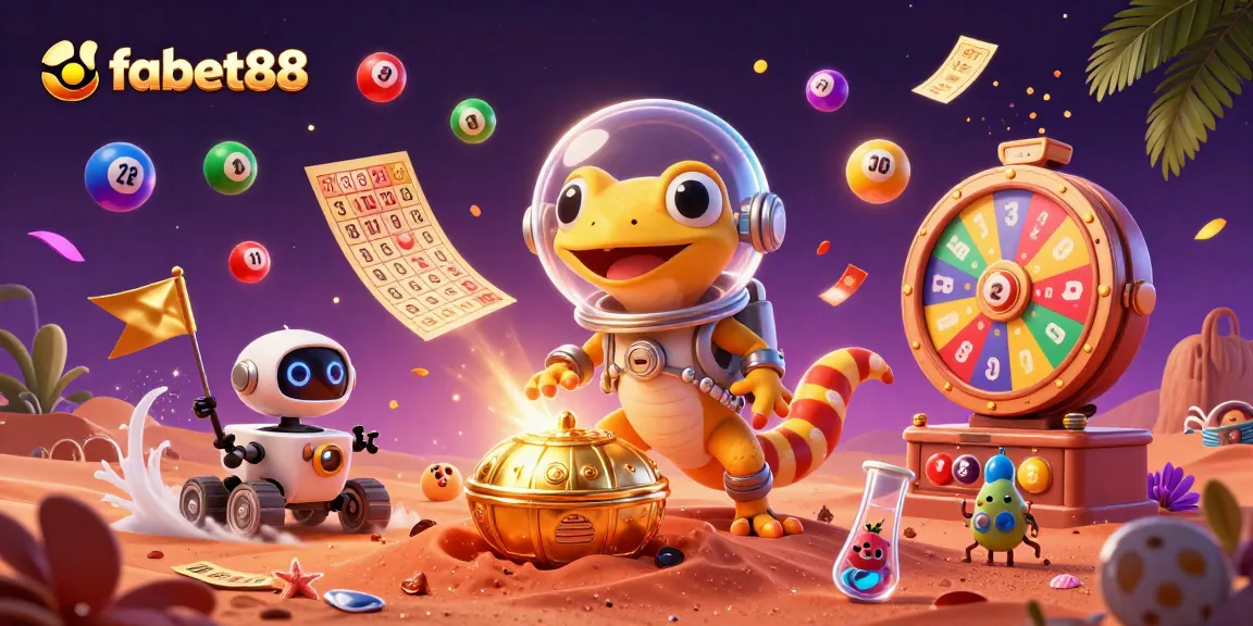 Join the fun with fabet88 in this lively casino scene filled with colorful lottery elements and dynamic action.