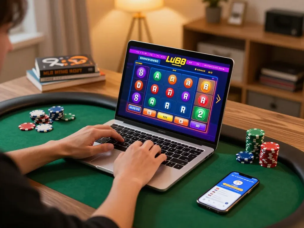 Engaged player enjoying Lu88 chính thức online poker experience at home with vibrant setup.