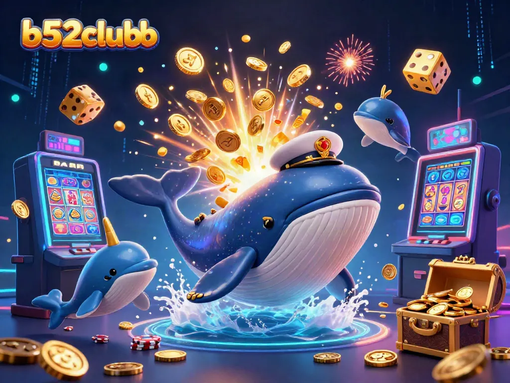 Experience thrilling gameplay at b52clubb with a vibrant illustration of a whale breaching into a sea of coins.