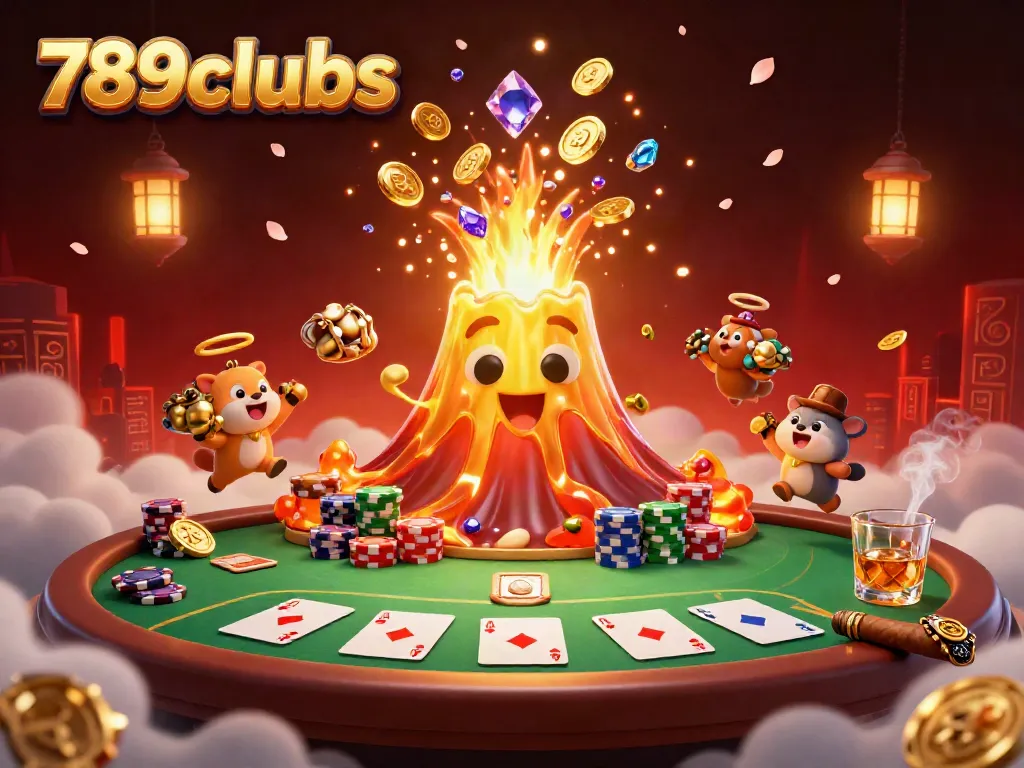 Experience the thrill of 789clubs with a vibrant casino illustration showcasing a golden volcano erupting treasures, poker elements, and adventure.