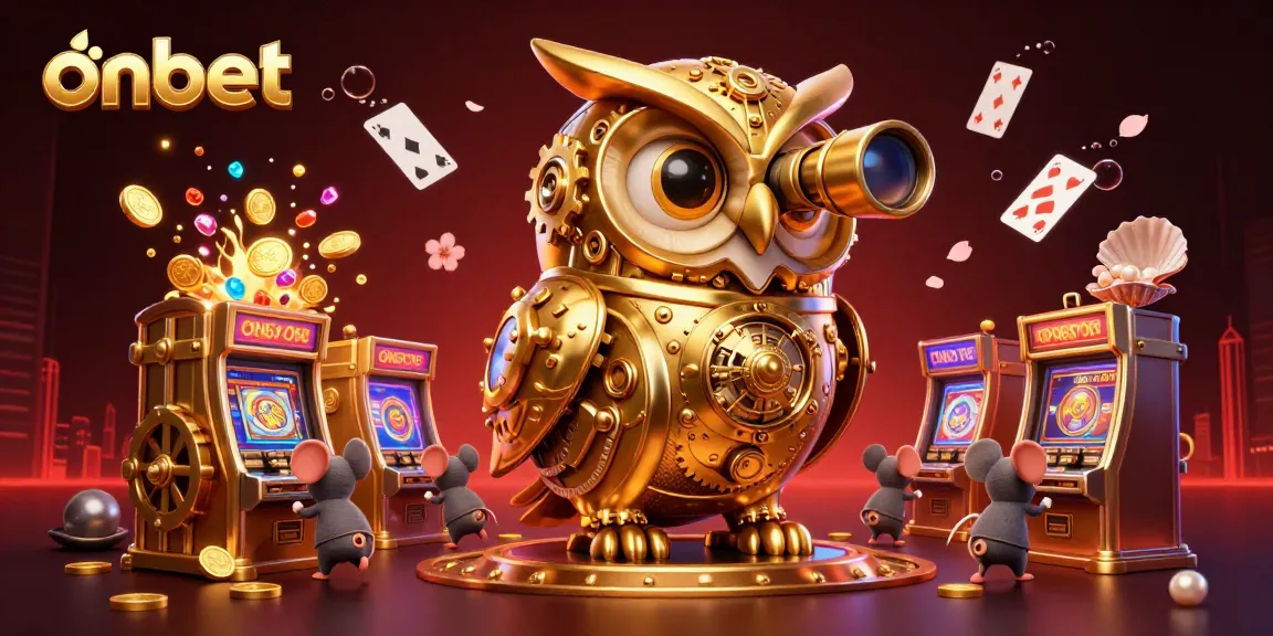 Spin the reels at onbet's vibrant casino, featuring a golden owl and lively patrons in stunning 3D.