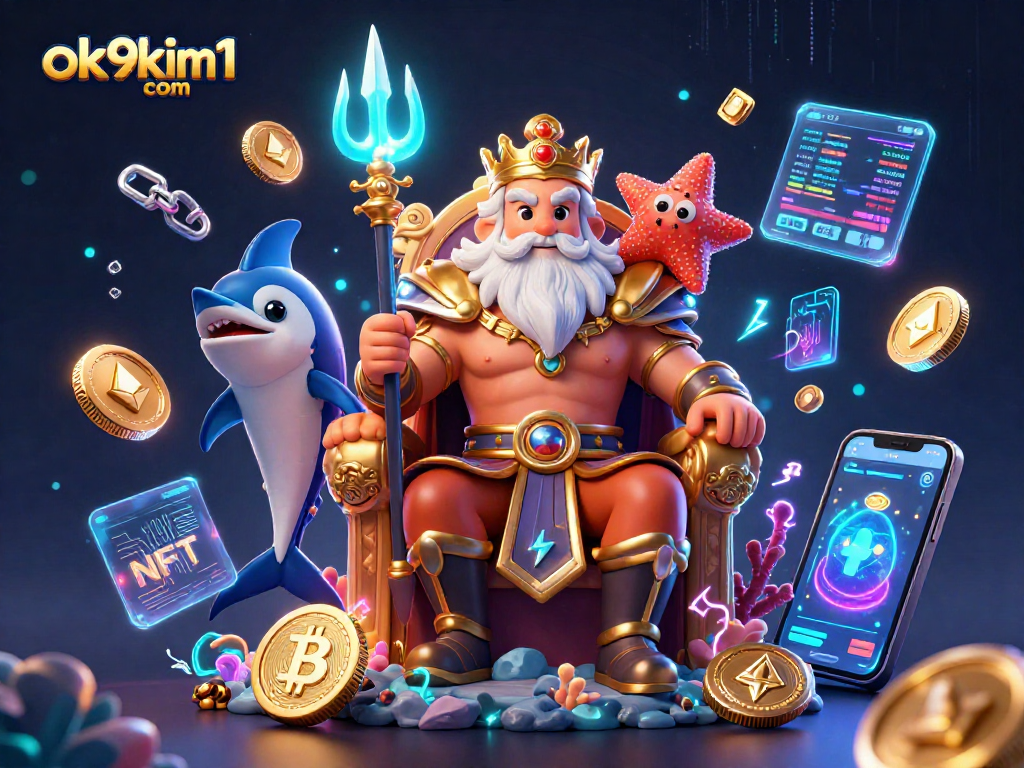 Engage with thrilling games at ok9kim1 com, featuring Neptune and vibrant coins in a dynamic casino scene.