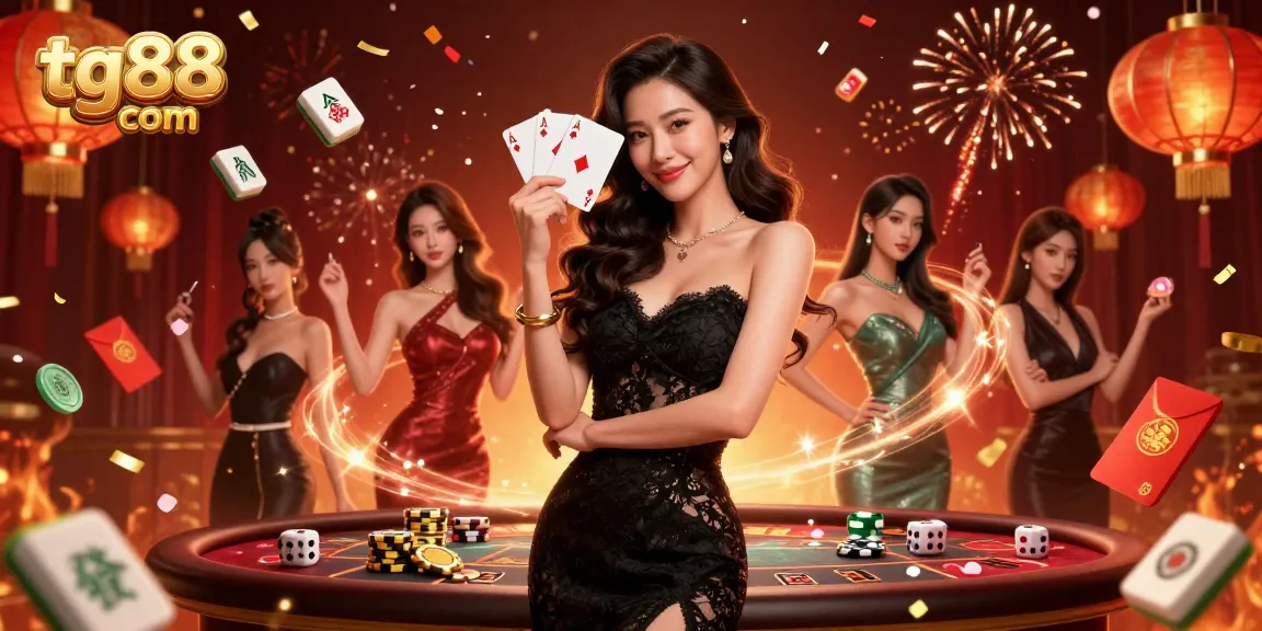 Experience the thrill of gaming at tg88 com with a captivating Asian woman holding poker cards amidst dynamic casino elements.