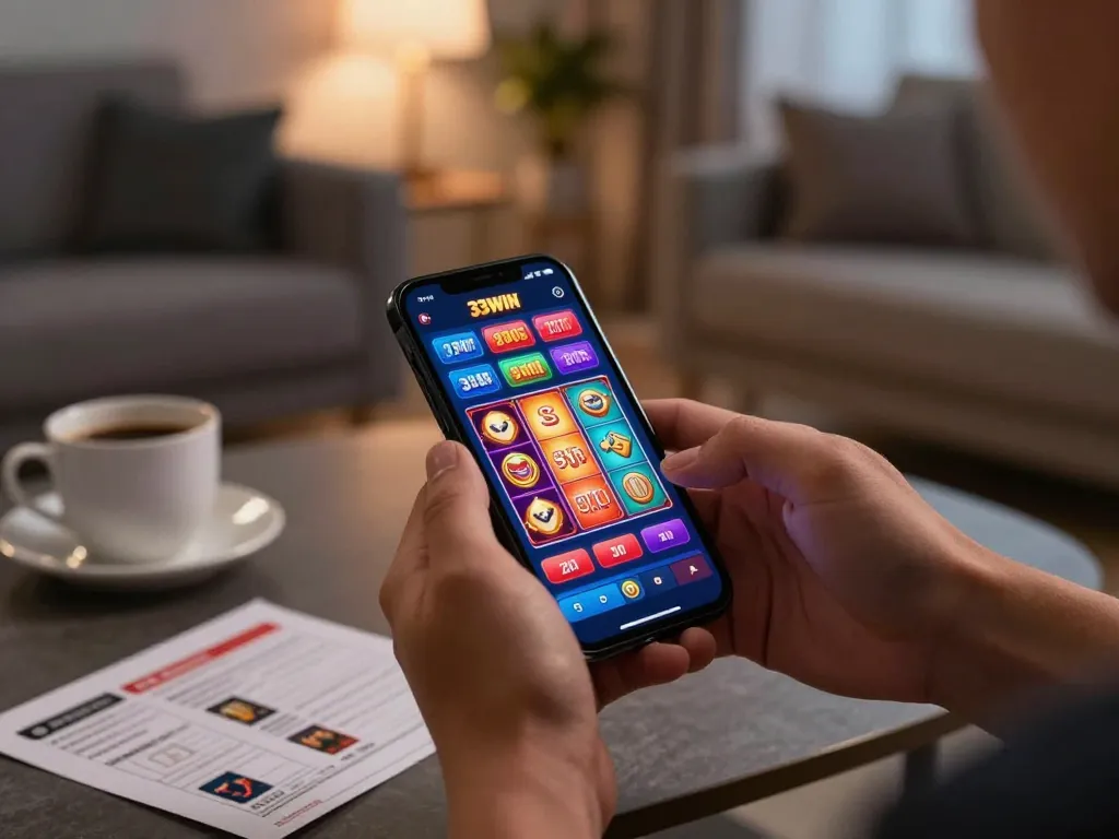 The 33WIN mobile app engaging players in an immersive online casino experience during a cozy gaming session.