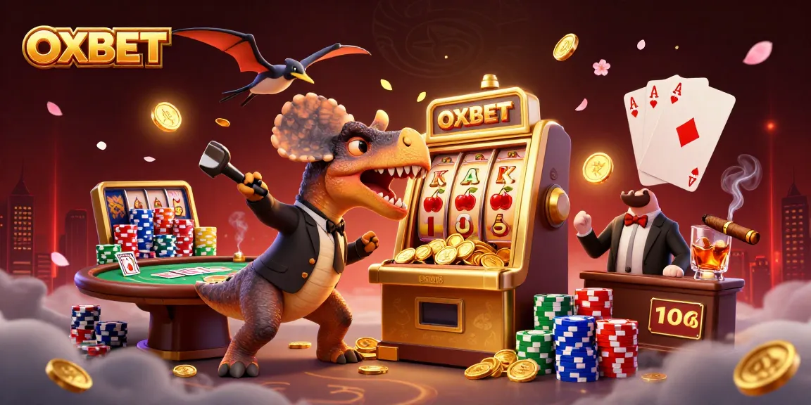Experience OXBET excitement as dinosaurs and a slot machine explode with jackpot coins in a vibrant casino scene.