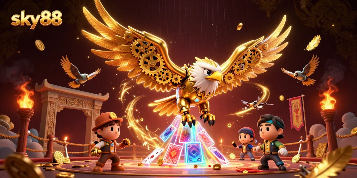 Experience the excitement of sky88 with a golden eagle diving through holographic cards in a bustling casino.