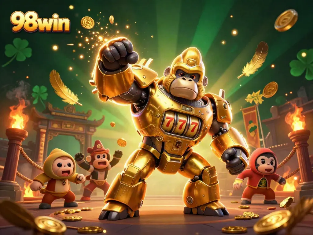 Experience thrilling gaming with 98win's golden gorilla mech bursting with coins and excitement!