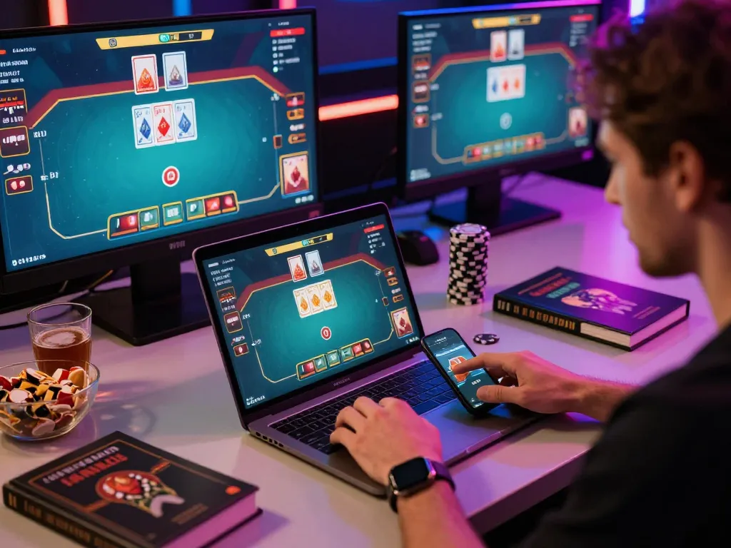 XX88 online poker player engaged in strategic gameplay with multiple screens and focused ambiance