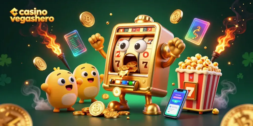 Experience the excitement of casino vegashero with a dynamic illustration featuring a golden slot machine hitting a jackpot.