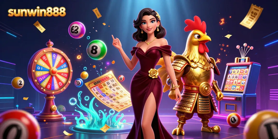 Experience sunwin888's vibrant lottery excitement with a glamorous lady and samurai rooster.