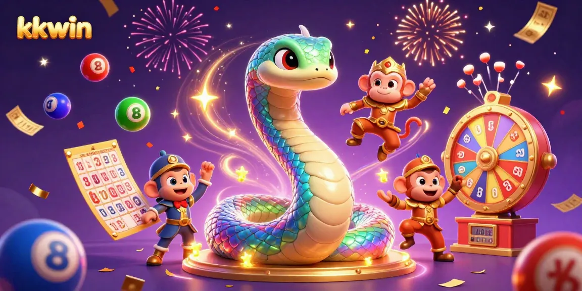Experience thrilling gameplay at Kkwin, featuring dynamic elements like bouncing lottery balls and a vibrant rainbow serpent.